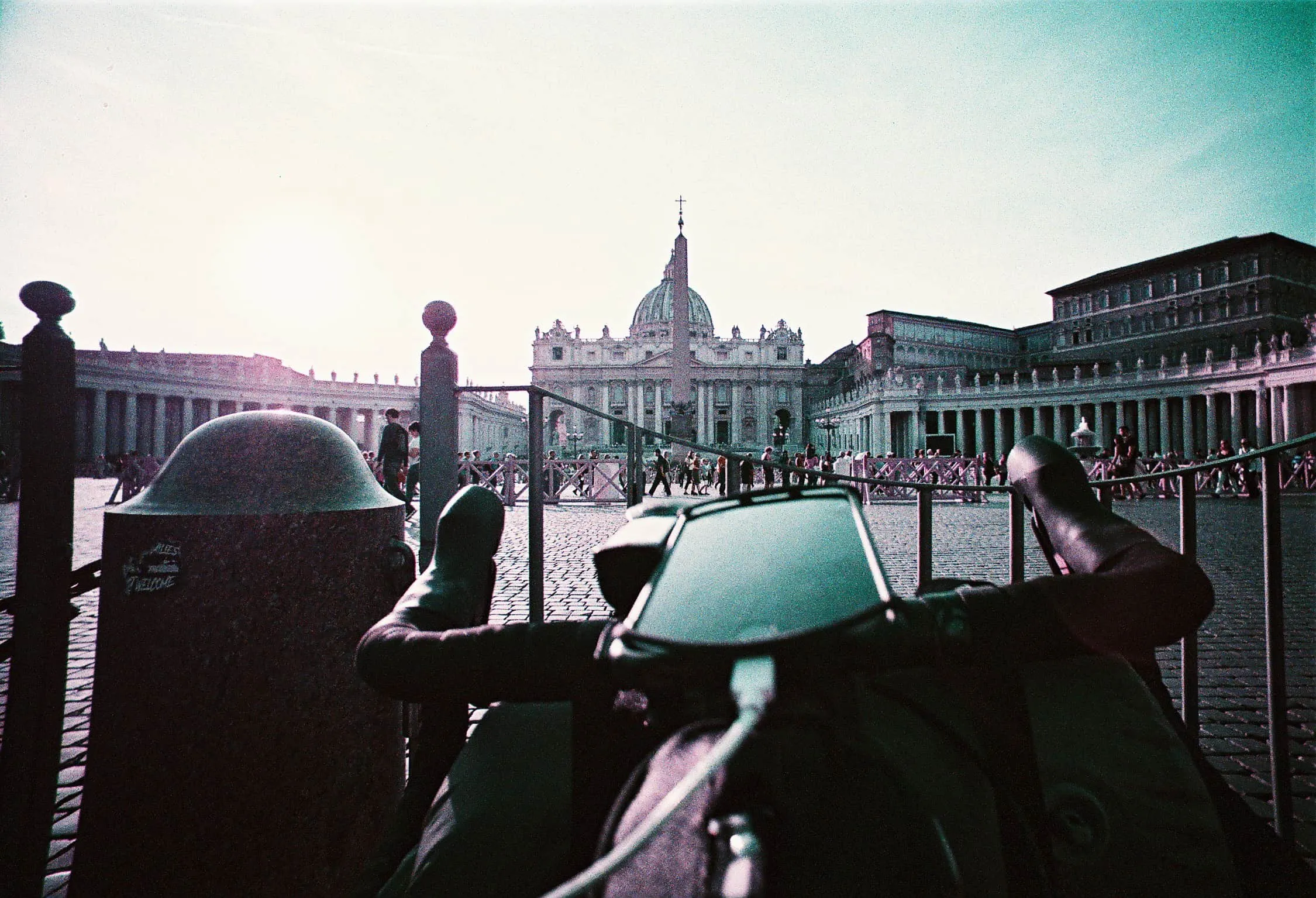 Loaded touring bicycle parked near St Peter’s Square, facing St Peter’s Basilica at the end of the ride to Rome.